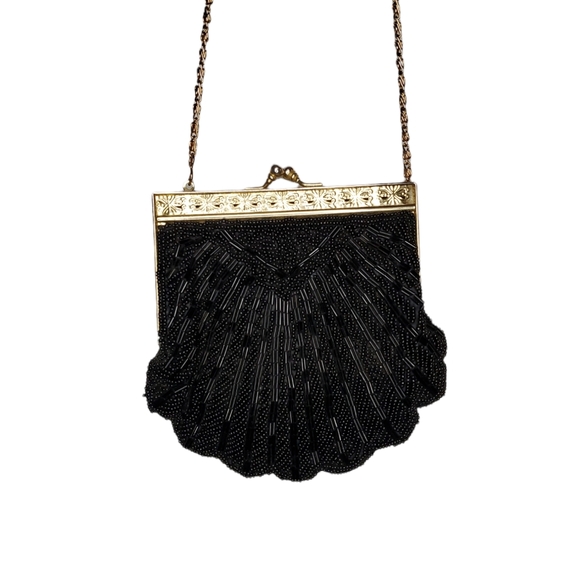 Source Unknown Handbags - Vintage Black Beaded Purse - Shell Beaded Evening Bag.